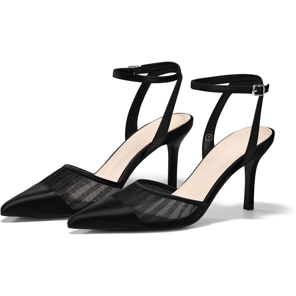 🆕Women's Black Closed Toe High Heels Mesh Satin Pointed Toe Dress Shoes